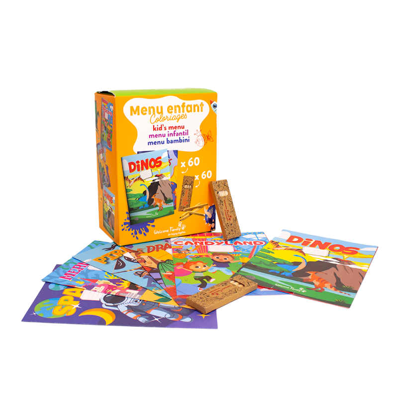 Kit da colorare, quaderni e matite, regalo di benvenuto e menu per bambini
