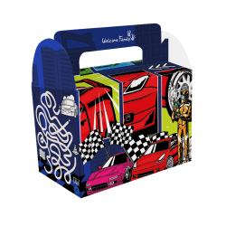 Caja para menú infantil «Racing Challenge» para restaurantes, cafeterías y locales de comida rápida