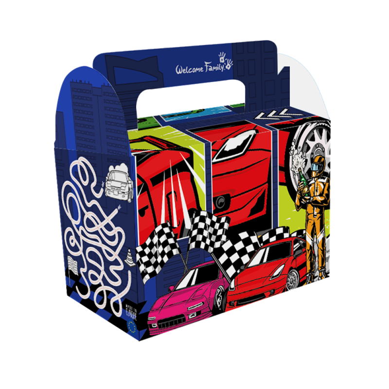 Caja para menú infantil «Racing Challenge» para restaurantes, cafeterías y locales de comida rápida