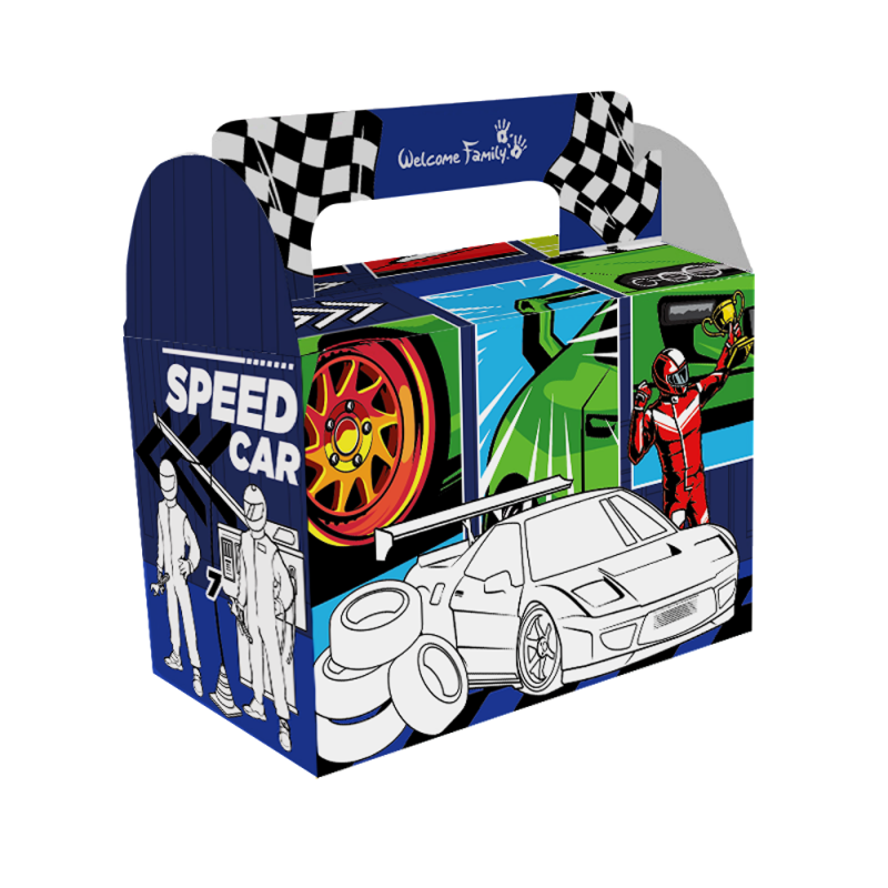 Caja para menú infantil «Racing Challenge» para restaurantes, cafeterías y locales de comida rápida