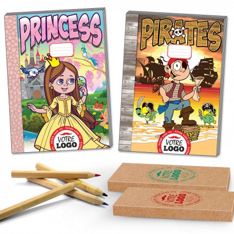 Libros para colorear y lápices personalizados para el menú infantil y la oferta infantil, hotel y restaurante