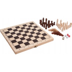 Assortment of games in a wooden box - Board game for hotel, camping, vacation club, restaurant