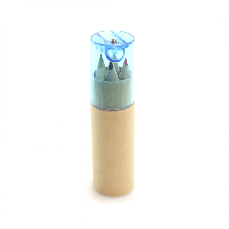 Tube pencils with blue pencil sharpener, welcome gift for children in hotels