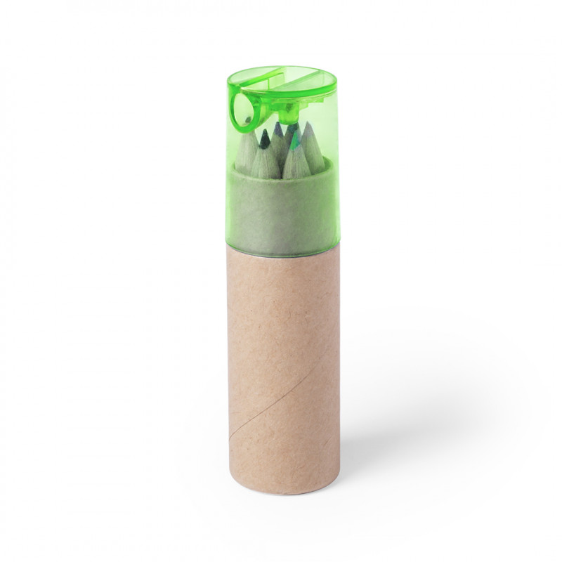 crayons in a tube with a green sharpener for children