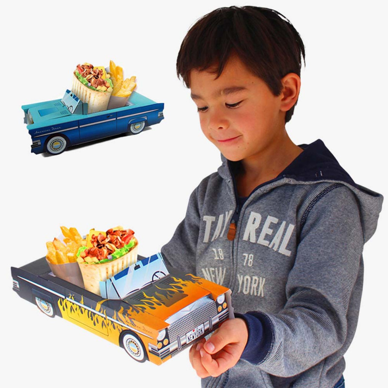 Cajas de menú para niños, modelo Cadillac, abigarradas, Welcome Family