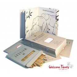 Batch of coloring books and personalized pencils, for children's menu and children's hospitality offer, hotel and restaurant