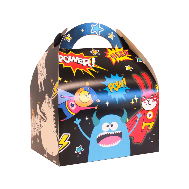 caja de cartón XL para menús infantiles, modelo Superhéroe