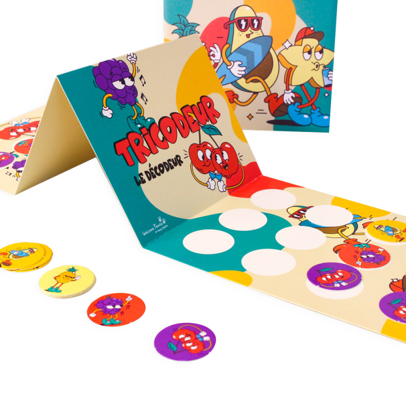 Tricoder game board with fruit tokens - children's menu game