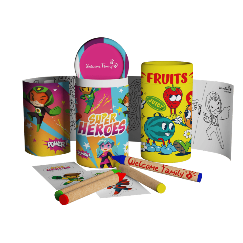 tubo para colorear modelo Frutas y super héroes